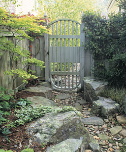 Dry Creek with boulders, stepping stones, gate